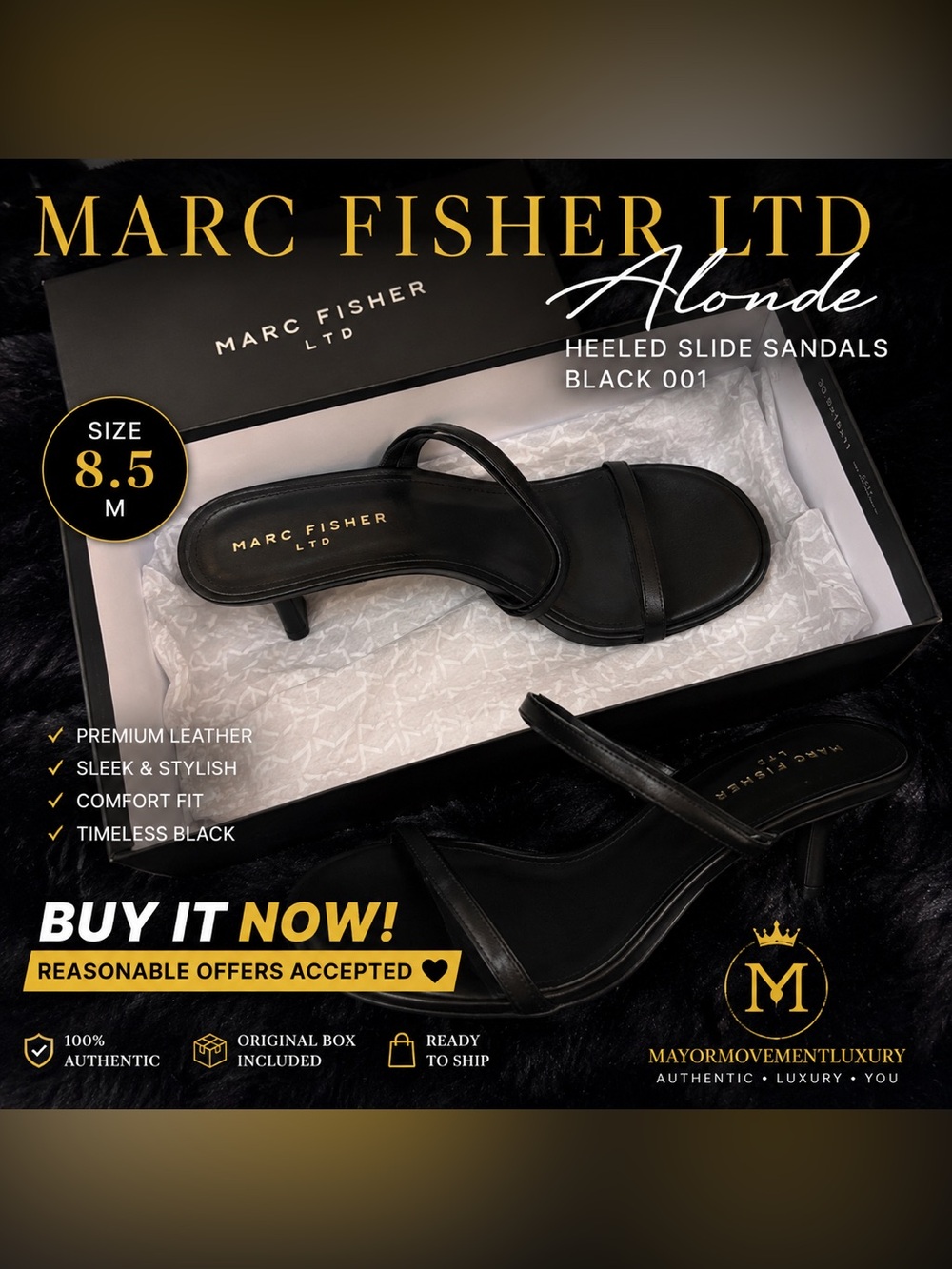 Marc Fisher LTD Alonde Black Leather Heeled Sandals 8.5 NEW